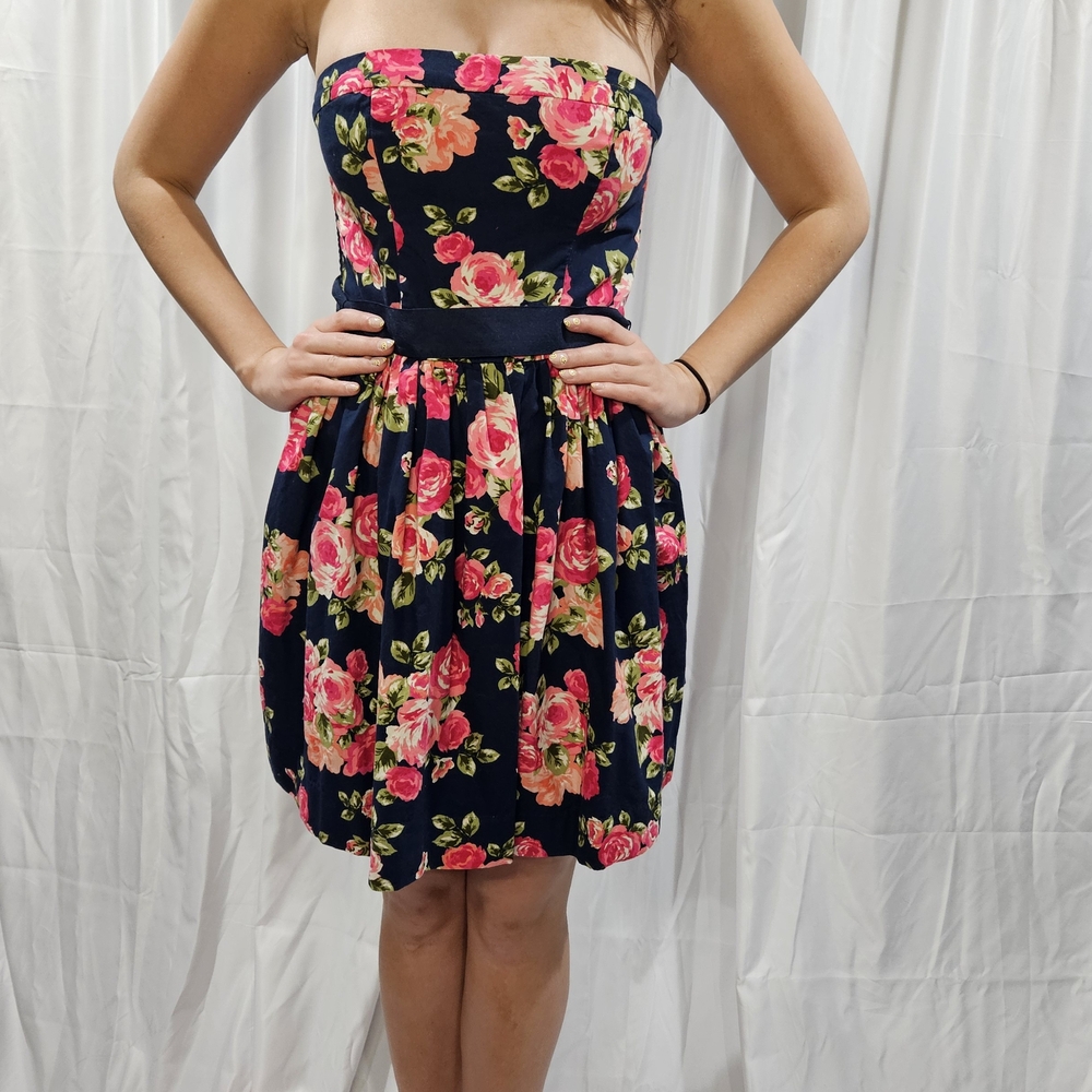 Floral Strapless Dress - Navy and Pink